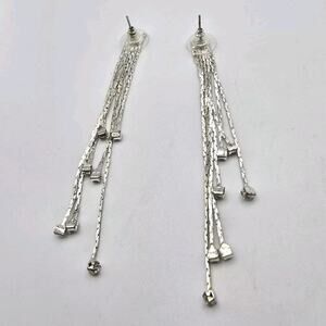 Pierced Modern Cascade Earrings Clear Rhinestones Silver Tone Dangle Approx. 3"